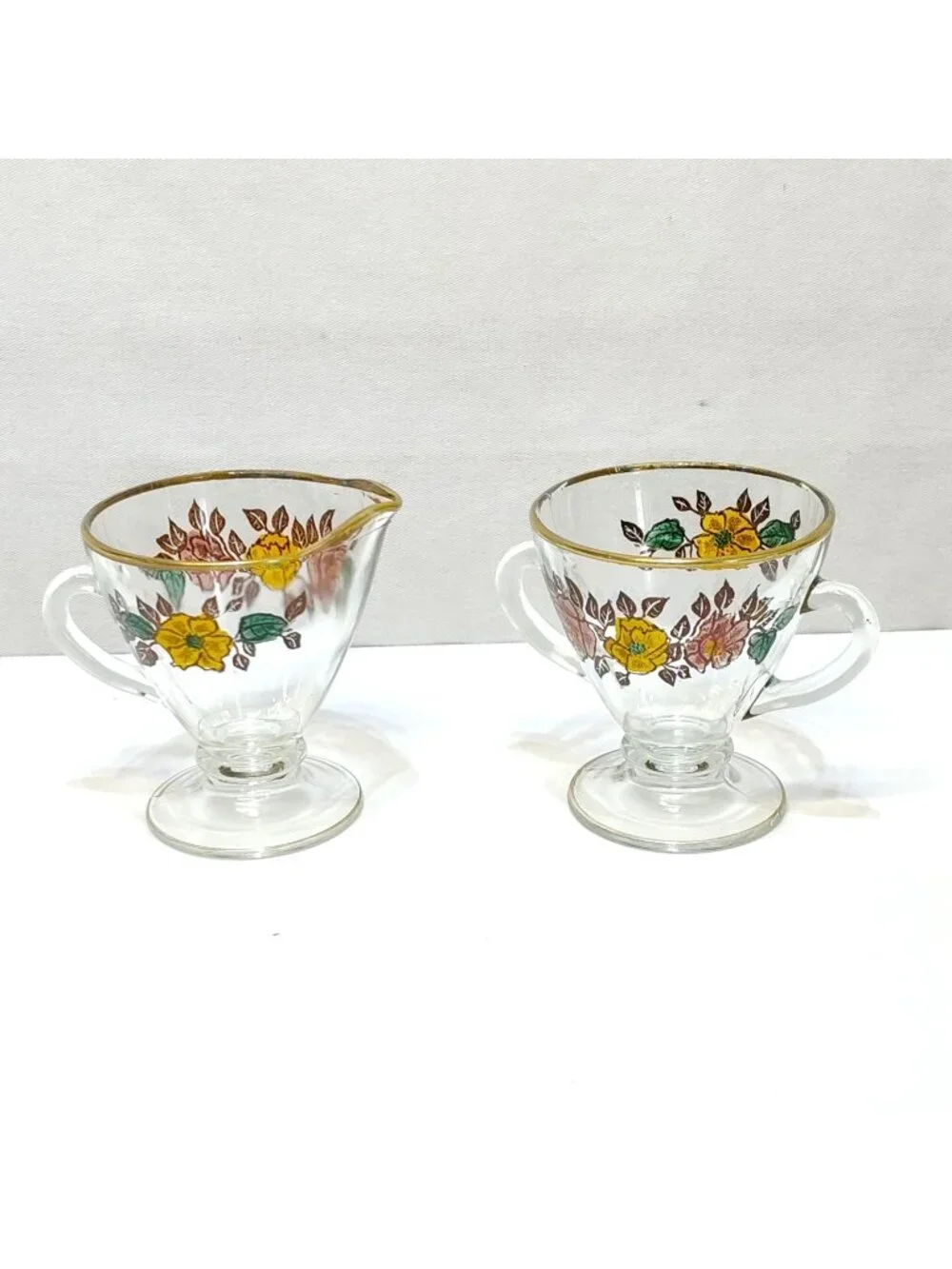 Vintage Glass Creamer & Sugar Set Floral Design Gold Rim Accents Artist Unknown